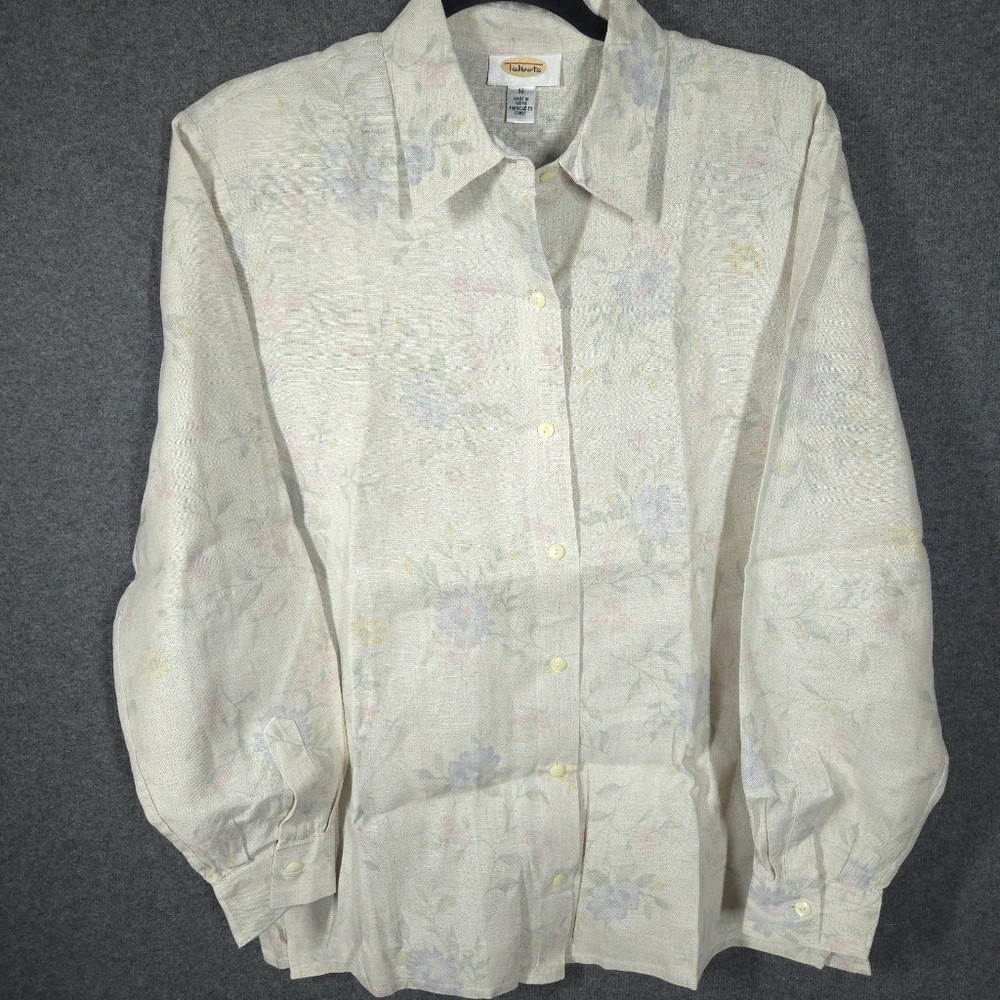 Vintage Talbots Button Down Shirt 100% Linen Long Sleeve Floral Natural Size 10